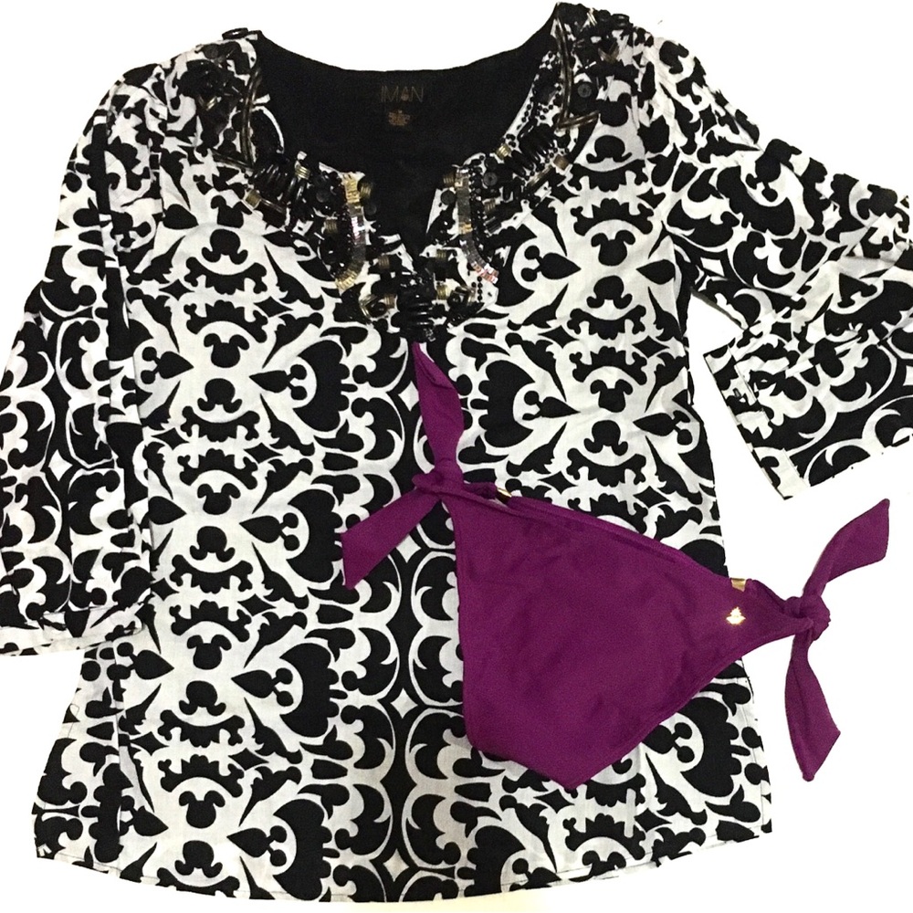 Gorgeous Jeweled Beaded Swim Cover Tribe Floral Top &Bottom Beach Set - Picture 1 of 7